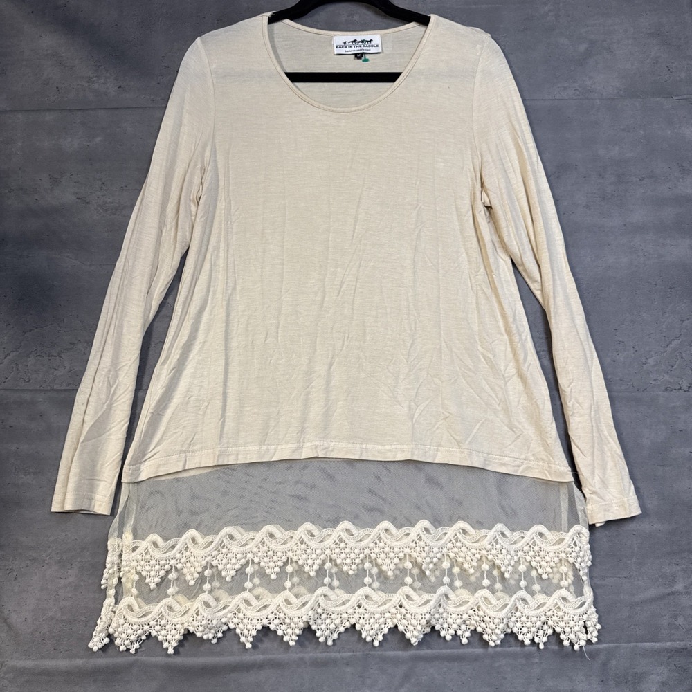 Back In The Saddle Cream sheer mesh hem accented Long Sleeve Boho Med